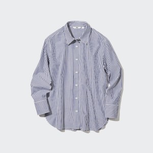 Dámské Košile Uniqlo Bavlněné Pruhovaný Long-Sleeve Blankyt | 6297-SARYH