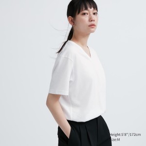 Dámské Tričko Uniqlo Dry Color V-Neck Krátké-Sleeve Bílé | 8915-TVRYX