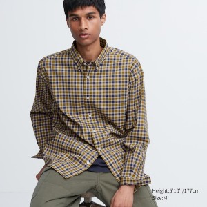 Pánské Košile Uniqlo Extra Fine Bavlněné Broadcloth Checked Long-Sleeve Žluté | 4587-JDMBF