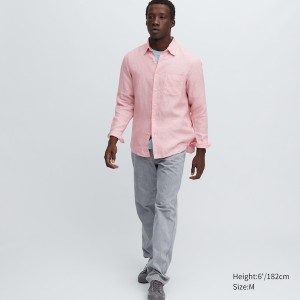 Pánské Košile Uniqlo Premium Linen Long-Sleeve Růžové | 2193-XIESZ