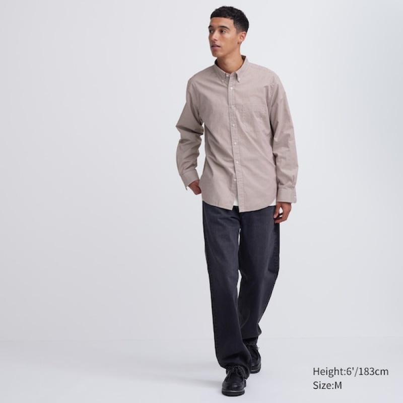 Pánské Košile Uniqlo Extra Fine Bavlněné Broadcloth Checked Long-Sleeve Hnědé | 2657-HVGMT
